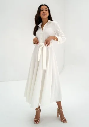 Melody - Koszulowa sukienka midi z wiązaniem Ecru