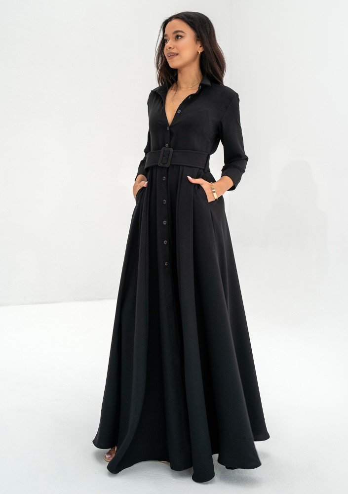 Sofia - Koszulowa sukienka maxi z paskiem Czarna