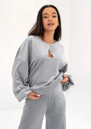 Delsy Velvet - Bluza velvet z wycięciem Misty Grey
