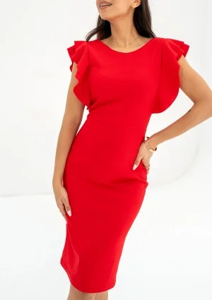 Keyana - Red tight midi dress with frilled short sleeves