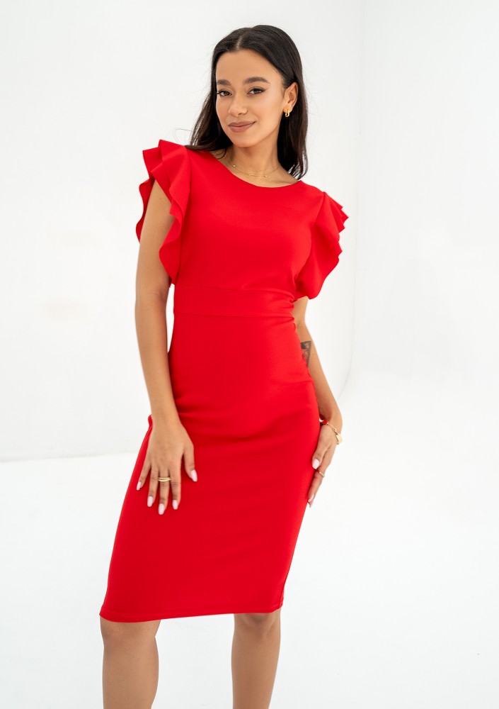 Keyana - Red tight midi dress with frilled short sleeves