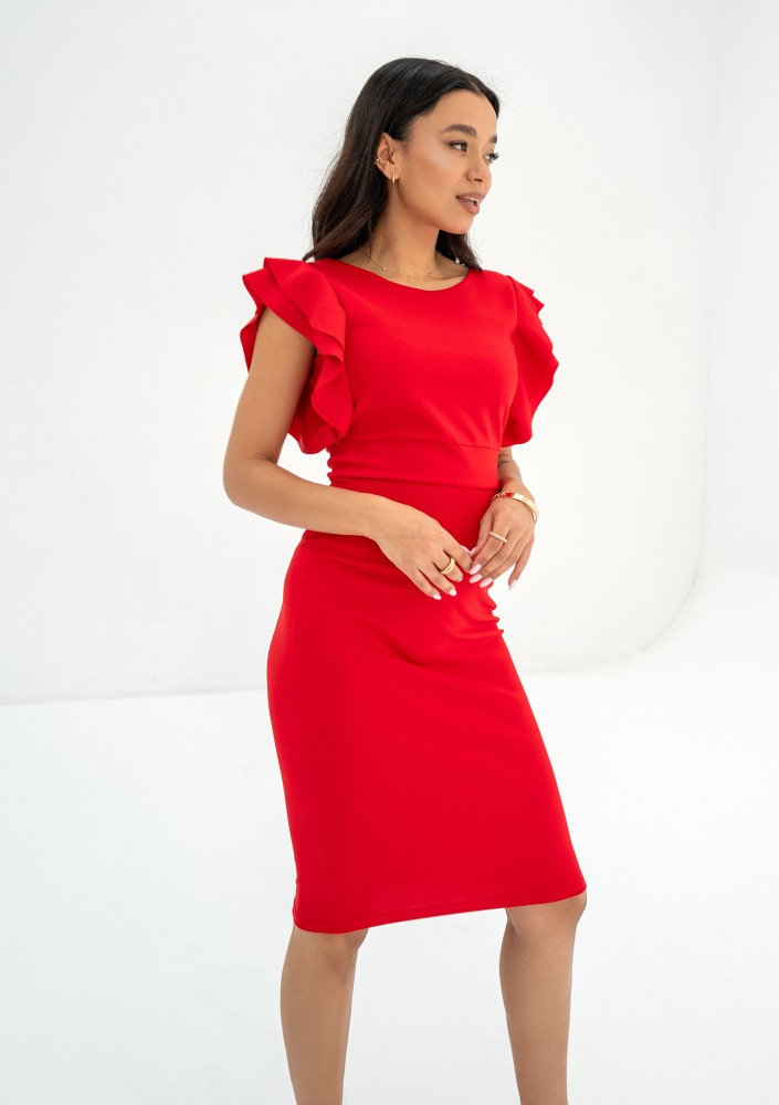 Keyana - Red tight midi dress with frilled short sleeves