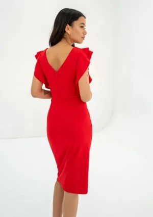Keyana - Red tight midi dress with frilled short sleeves