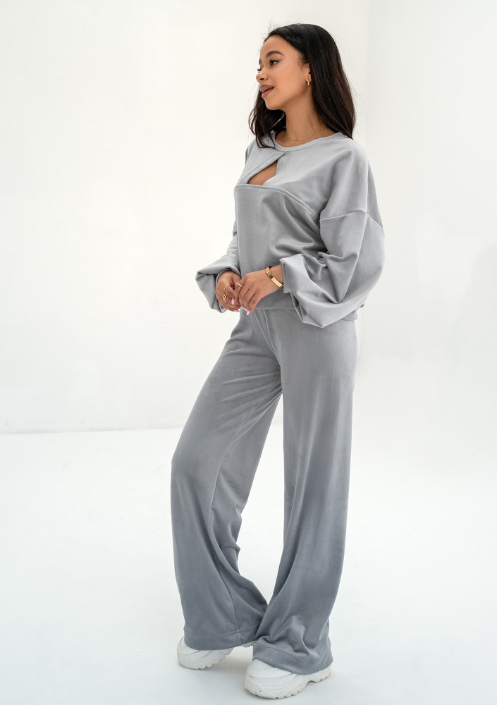 Delsy Velvet - Bluza velvet z wycięciem Misty Grey