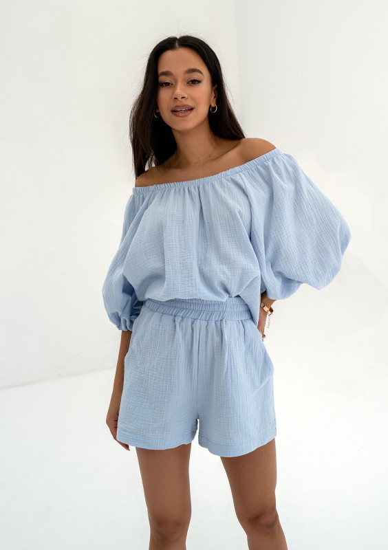 Boco - Top oversize z muślinu Błękitny