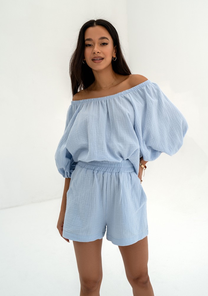 Boco - Top oversize z muślinu Błękitny