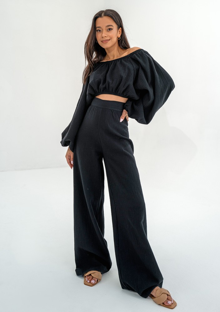 Bari - Black muslin Spanish crop top