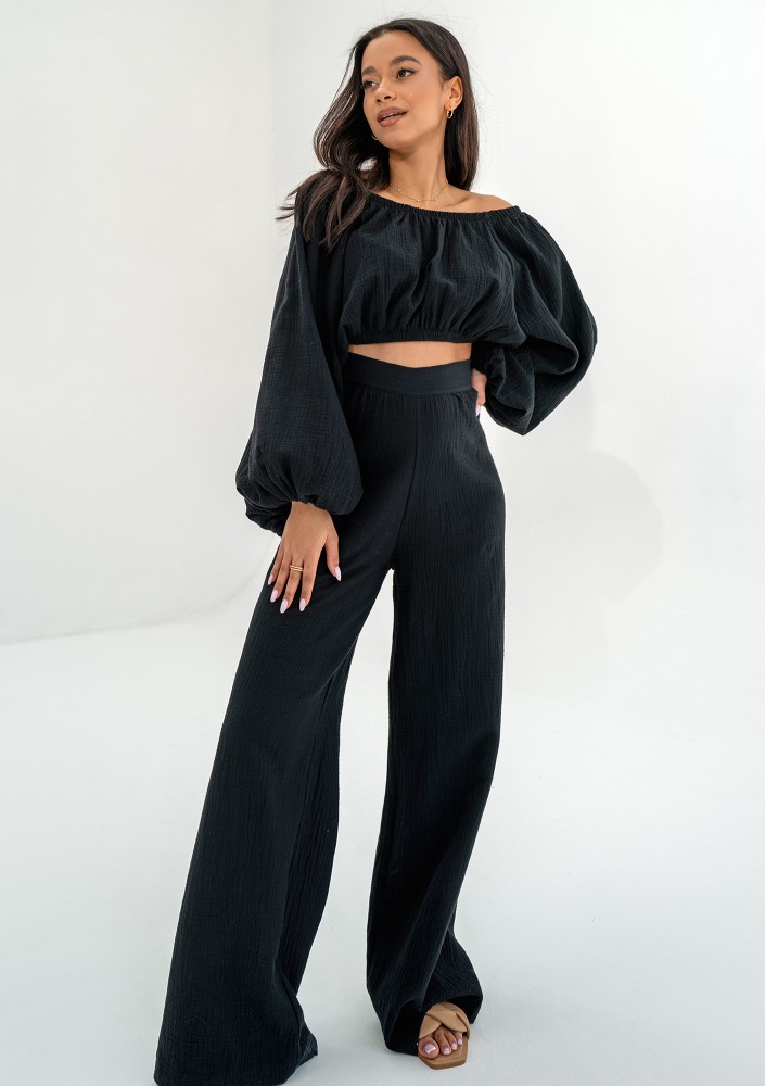 Bari - Black muslin Spanish crop top