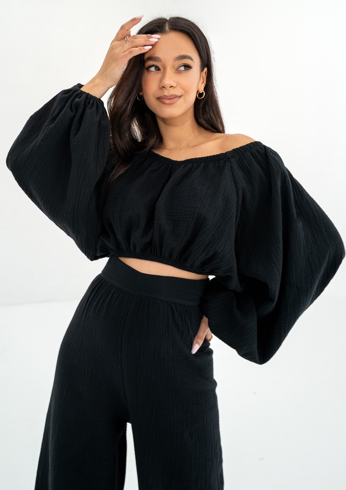 Bari - Black muslin Spanish crop top