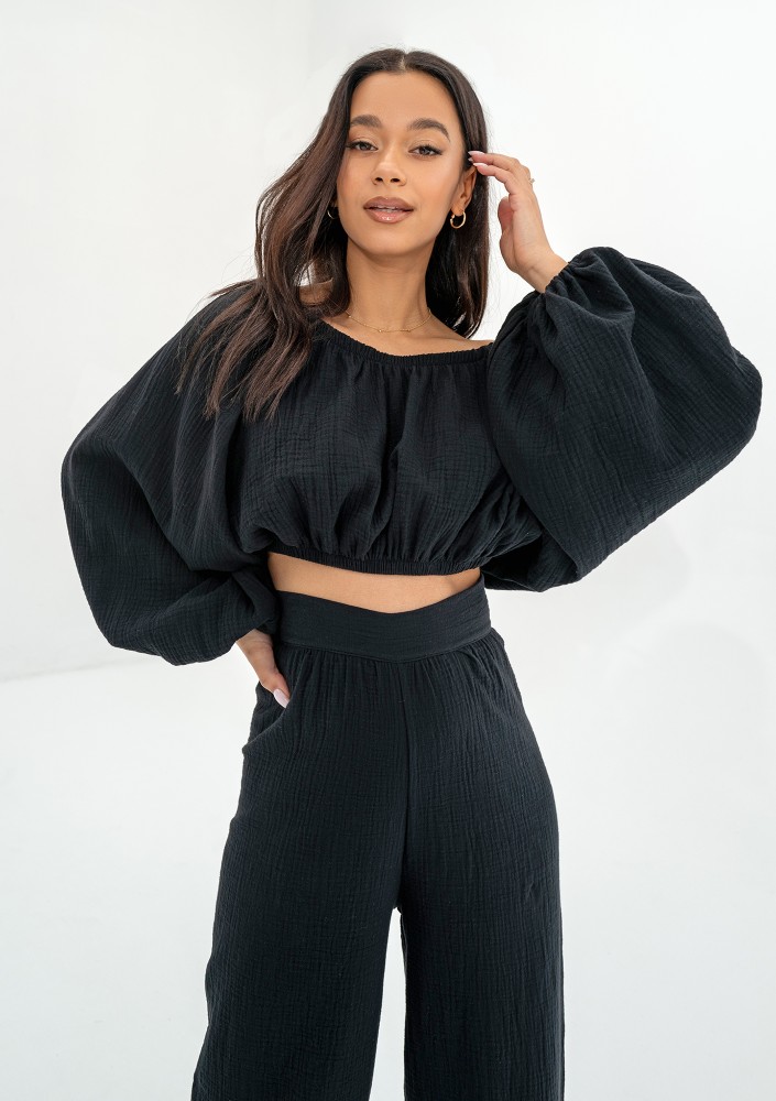 Bari - Black muslin Spanish crop top