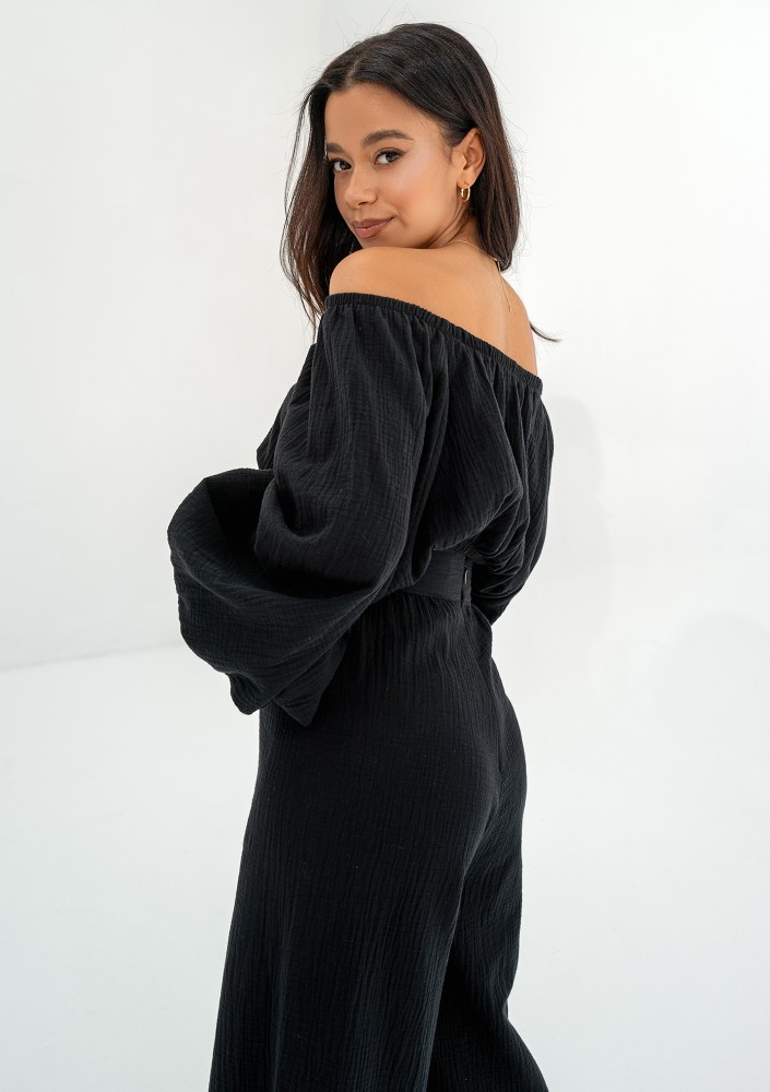 Bari - Black muslin Spanish crop top