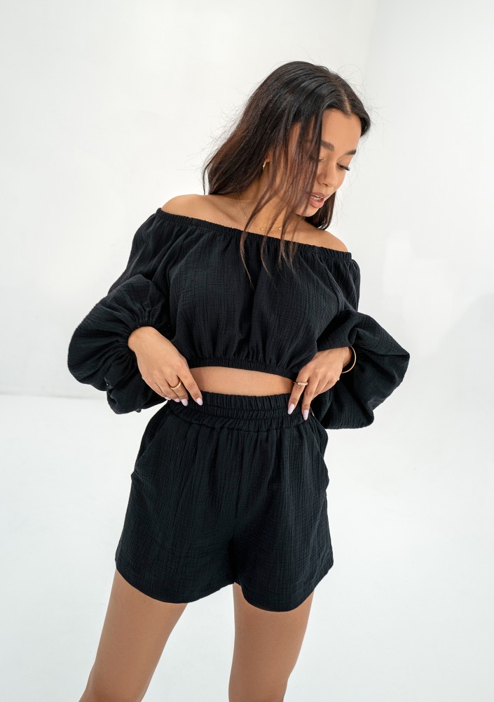Bari - Black muslin Spanish crop top