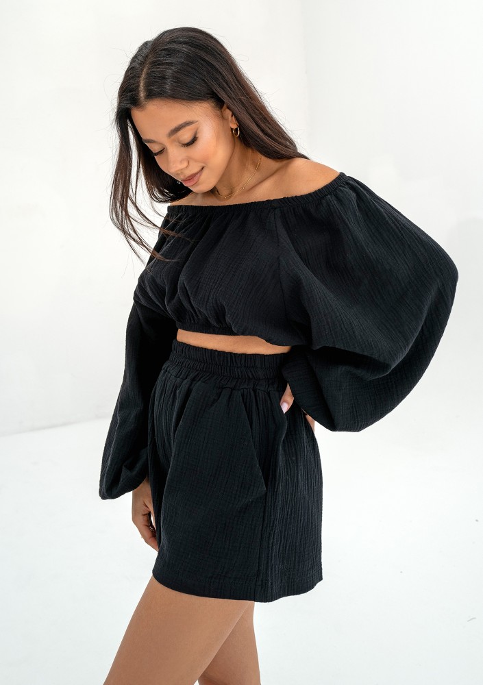 Bari - Black muslin Spanish crop top