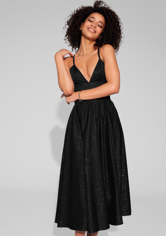Livia - Black midi brocade strap dress