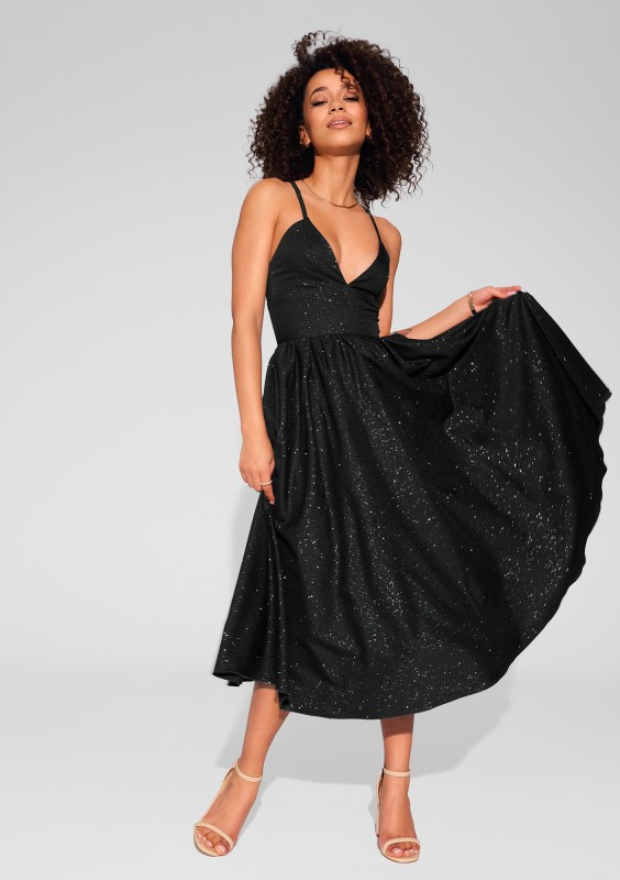 Livia - Black midi brocade strap dress