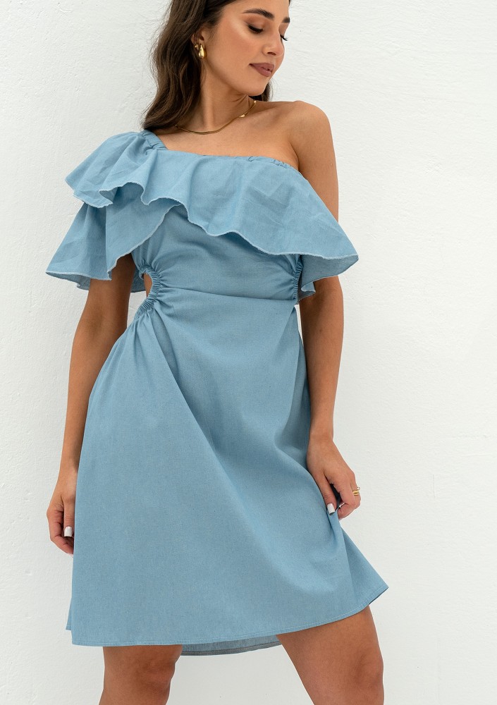 Lyssa - One-shoulder light jeans blue mini dress