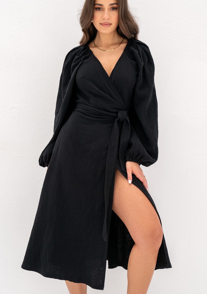 Blanche - Black muslin midi wrap dress