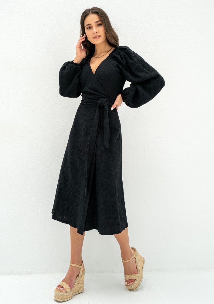 Blanche - Black muslin midi wrap dress