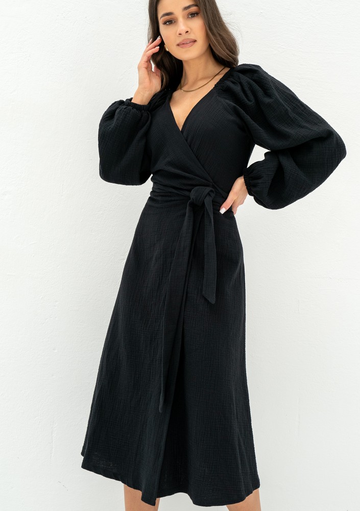 Blanche - Black muslin midi wrap dress