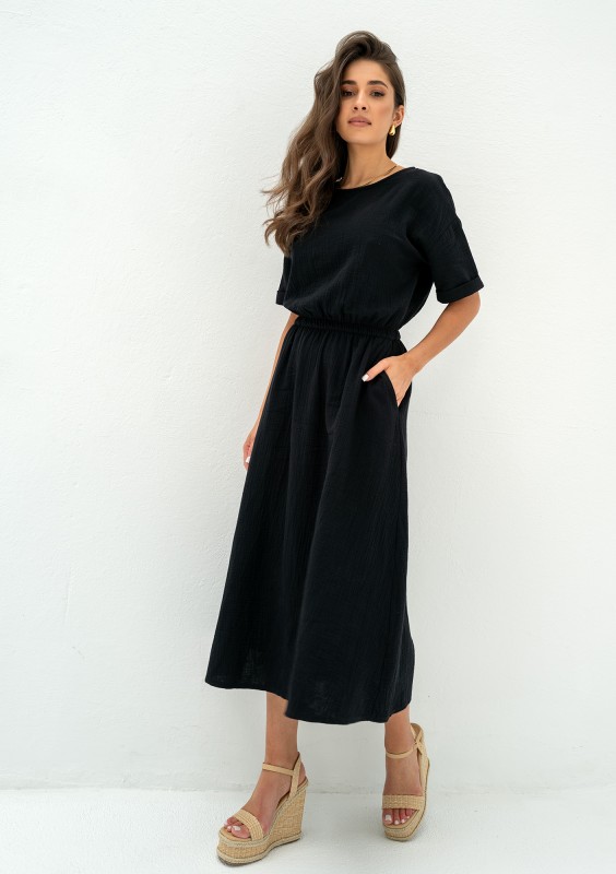 Greta - Black muslin midi dress