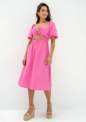 Rosina - Sukienka letnia midi z muślinu Różowa