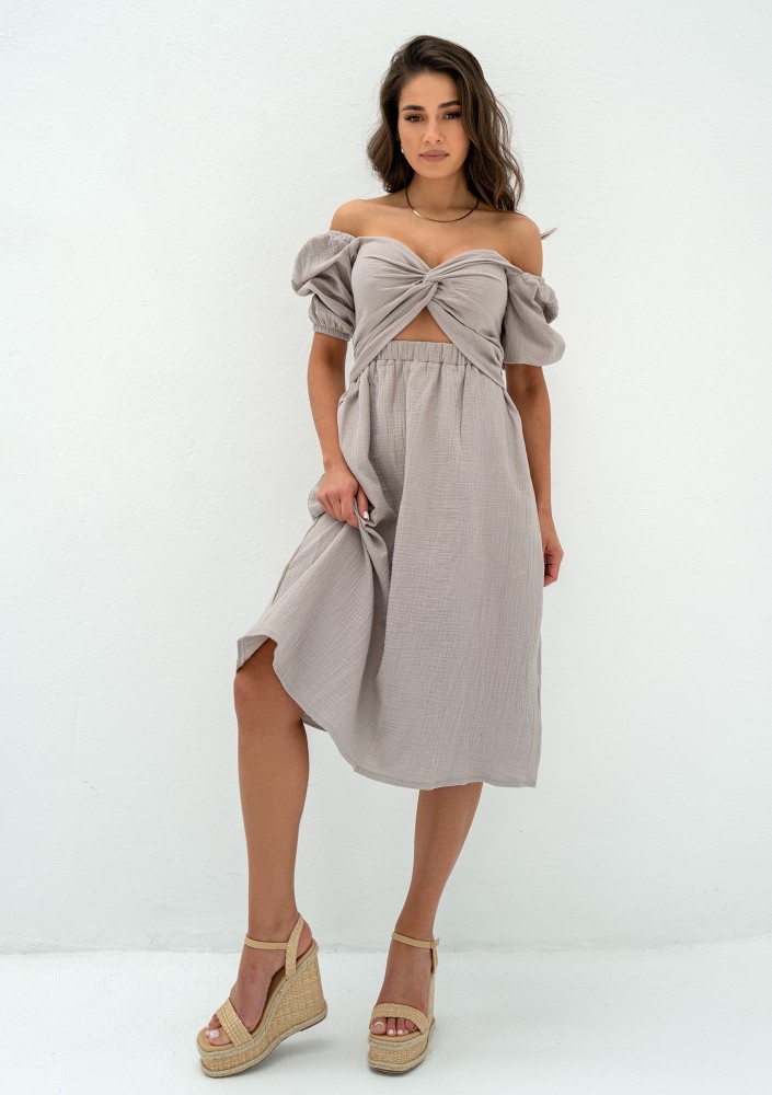 Rosina - Summer taupe muslin midi dress