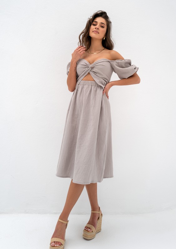 Rosina - Summer taupe muslin midi dress