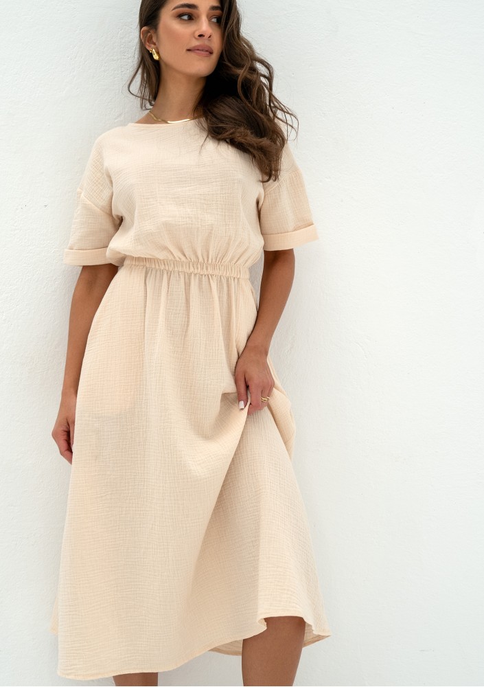 Greta - Sukienka midi z muślinu Kremowa