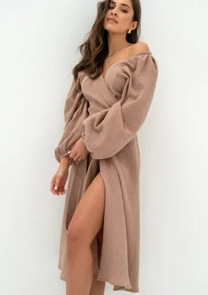 Blanche - Beige muslin midi wrap dress
