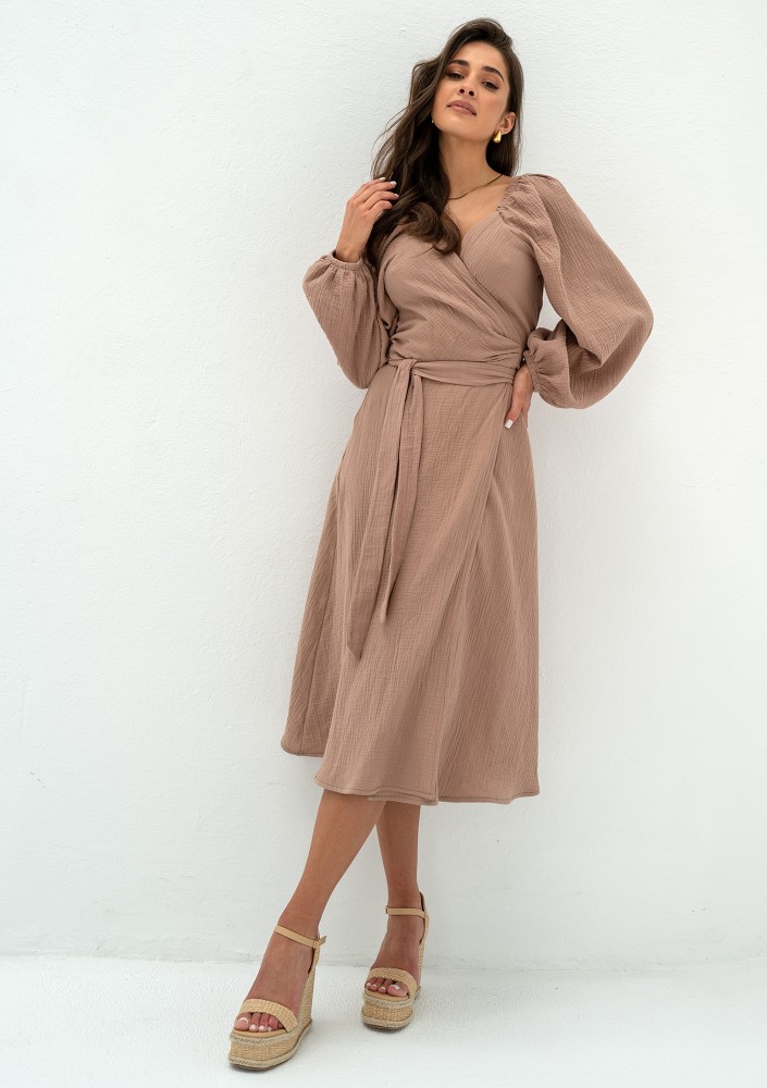 Blanche - Beige muslin midi wrap dress