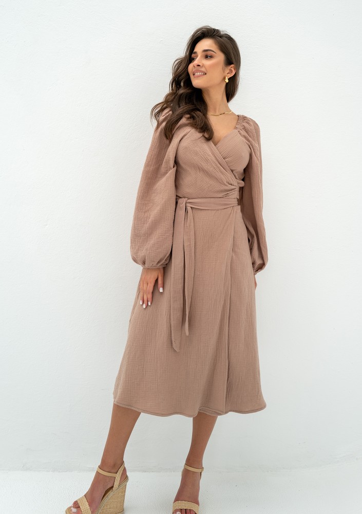 Blanche - Beige muslin midi wrap dress