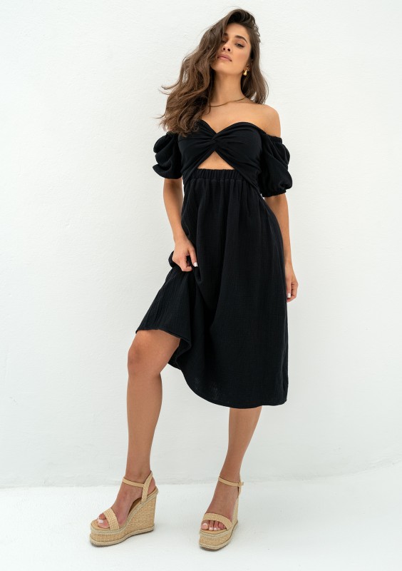 Rosina - Summer black muslin midi dress