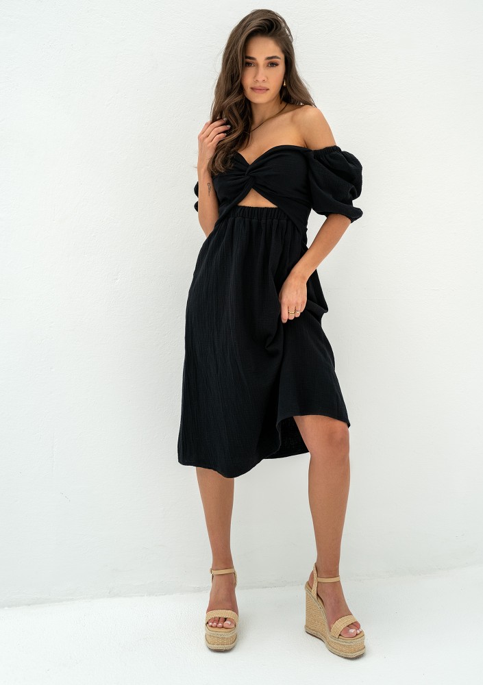 Rosina - Summer black muslin midi dress