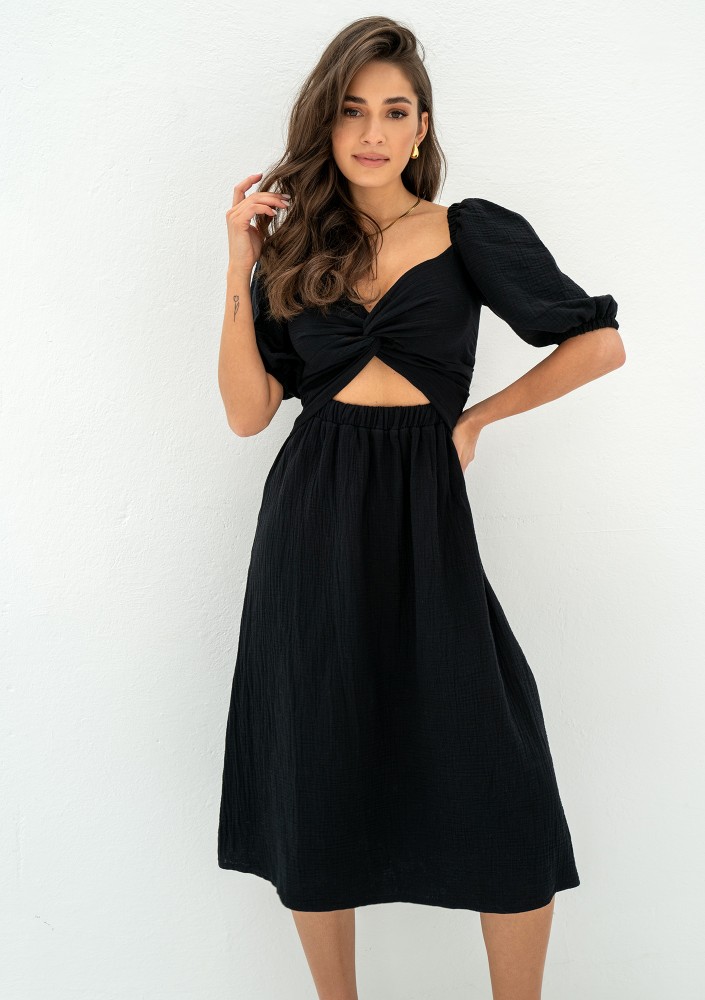 Rosina - Sukienka letnia midi z muślinu Czarna