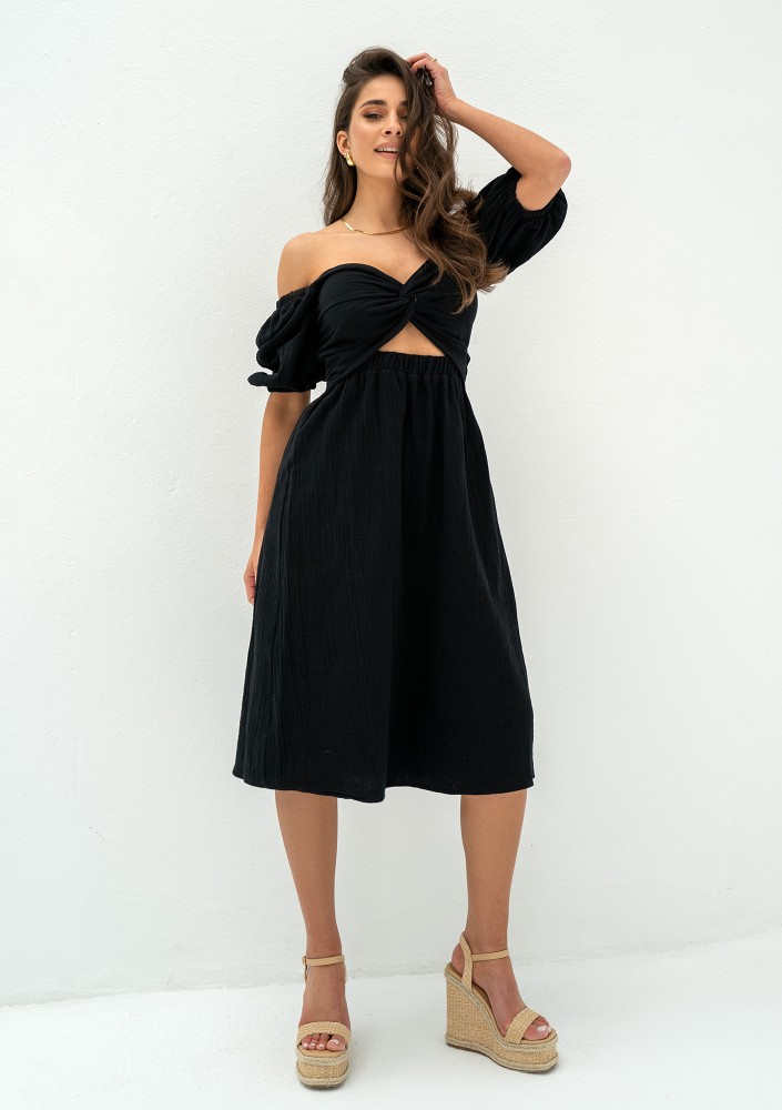 Rosina - Sukienka letnia midi z muślinu Czarna