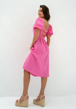 Rosina - Sukienka letnia midi z muślinu Różowa