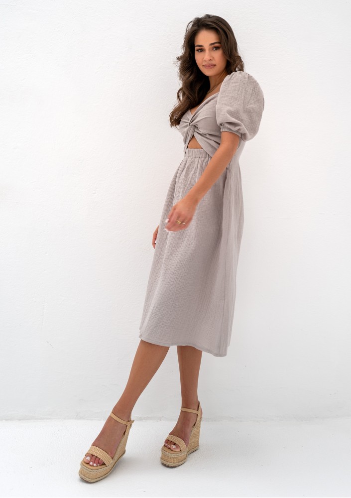 Rosina - Summer taupe muslin midi dress