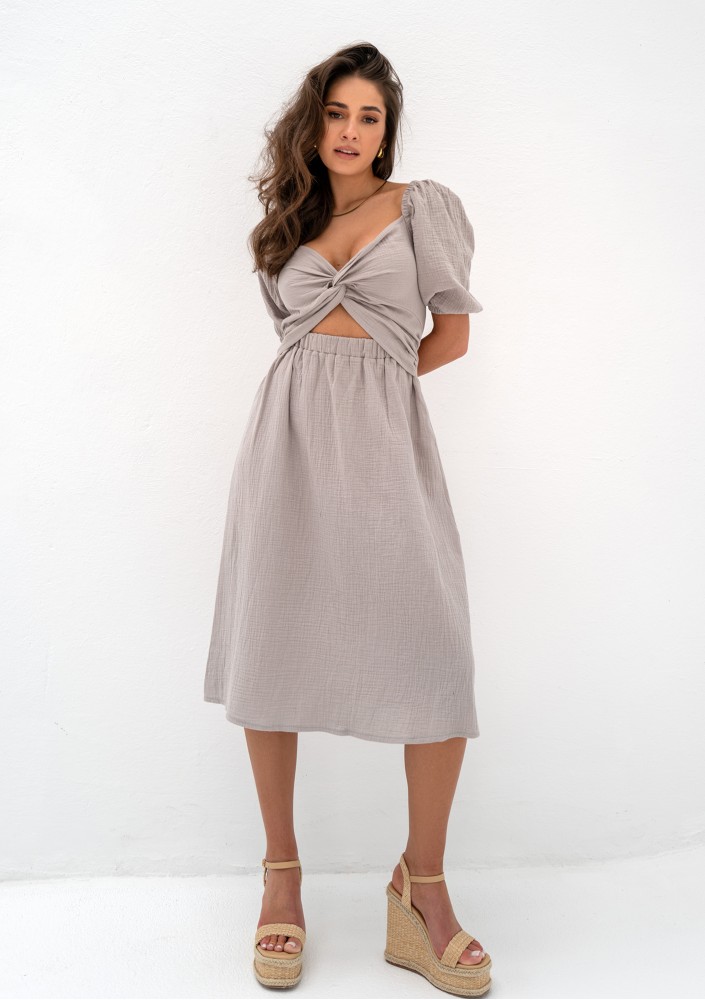 Rosina - Summer taupe muslin midi dress