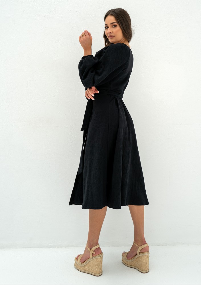 Blanche - Black muslin midi wrap dress