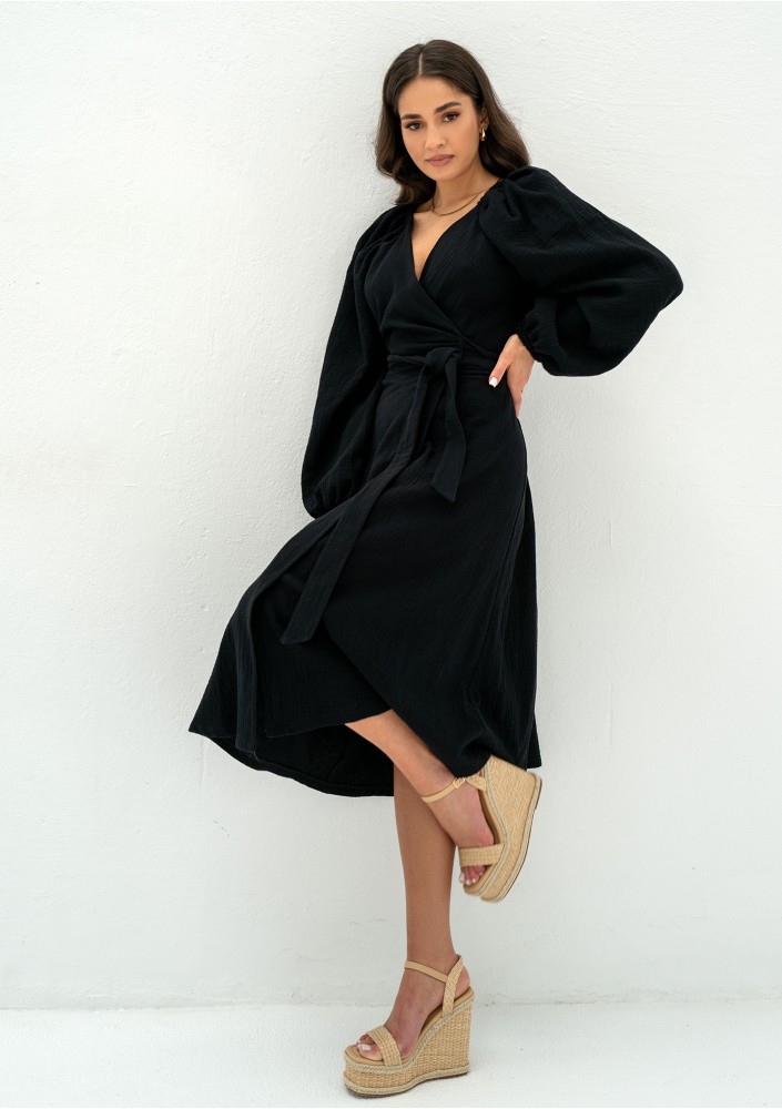 Blanche - Black muslin midi wrap dress