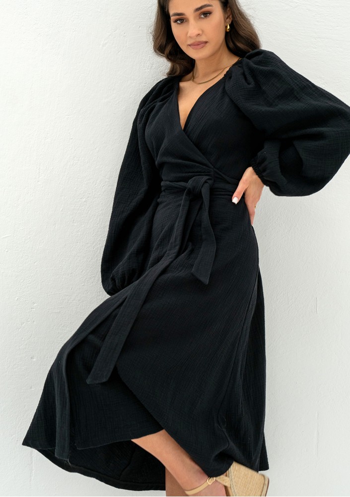 Blanche - Black muslin midi wrap dress