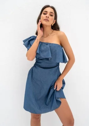 Lyssa - One-shoulder dark jeans blue mini dress