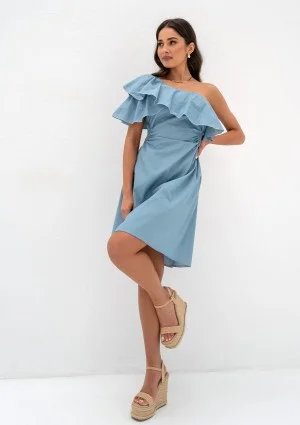 Lyssa - One-shoulder light jeans blue mini dress