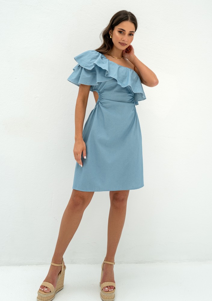 Lyssa - One-shoulder light jeans blue mini dress