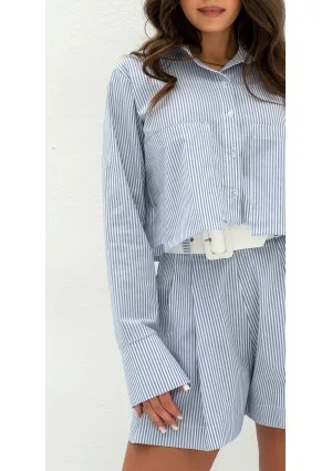 Jacque - Koszula crop z bawełny w prążki Navy