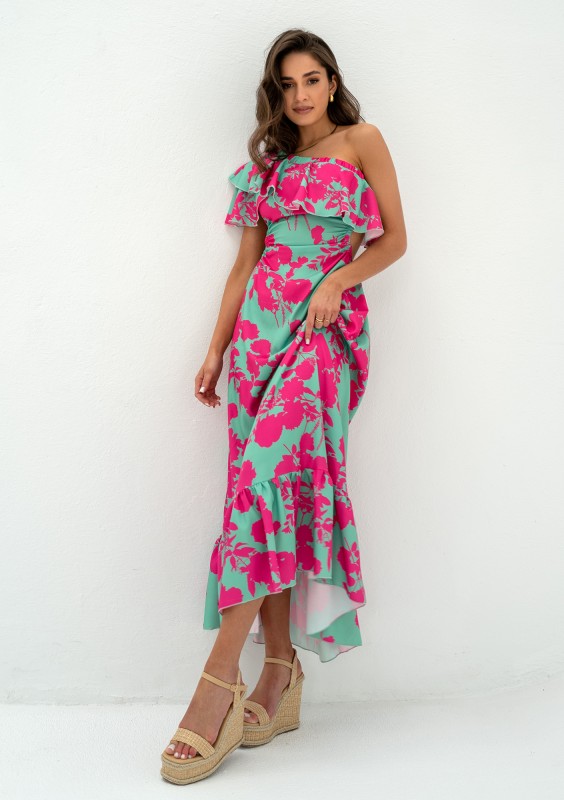 Ninette - Sukienka koktajlowa z falbanką w Kwiaty