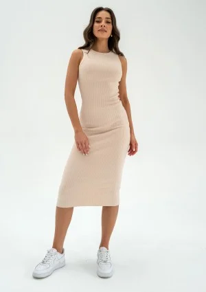 Aster - Sukienka bodycon z dzianiny w prążki Beżowa
