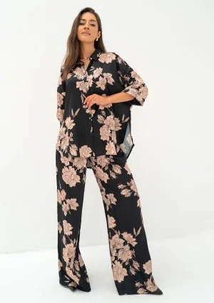 Mori - Loose beige roses printed trousers