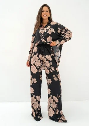 Mori - Loose beige roses printed trousers