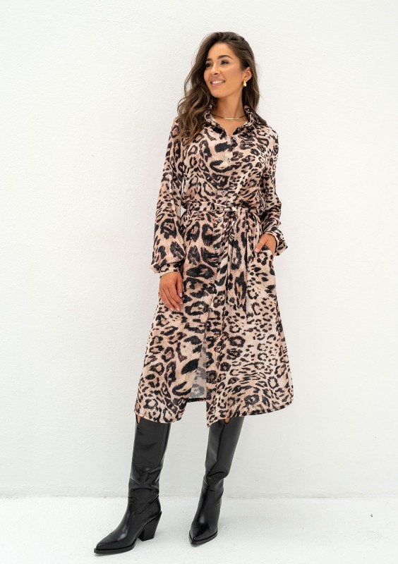 Lara - Sukienka koszulowa Beige Leopard